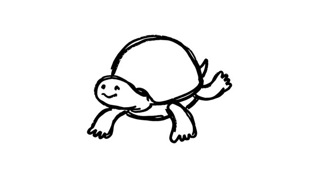 A cute hand drawn ink sketch of a happy turtle running with headphones on.