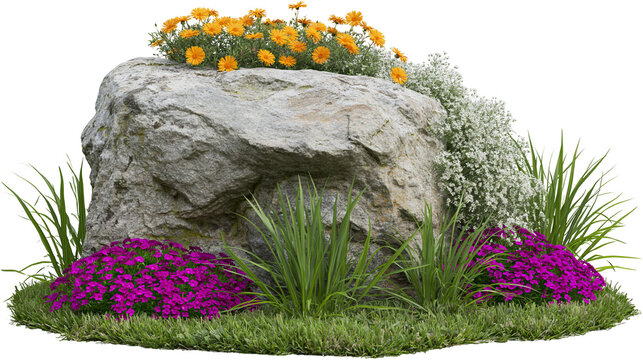Large grey boulder with yellow and white flowers purple blossoms and green grass, isolated on transparent background