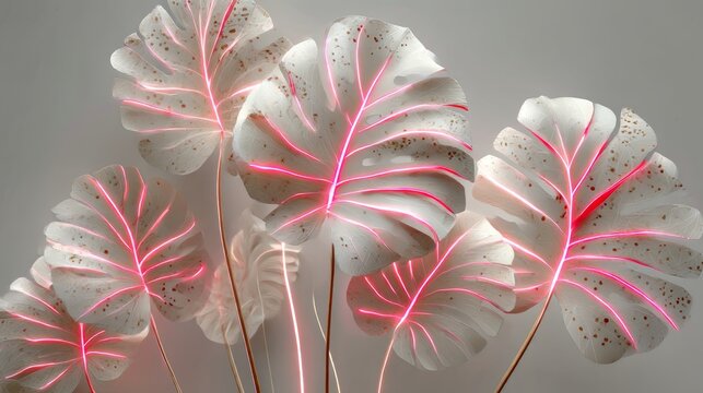 Stylish Tropical Leaf Pattern: Monstera and Fan-Shaped Leaves in Neon Pink and Grey &mdash; Modern Botanical Background