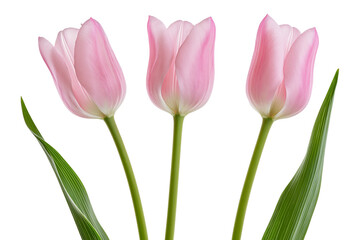Fototapeta premium Three delicate pink tulips with green stems and leaves, isolated on transparent background
