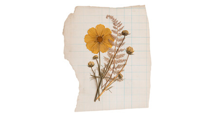 Dried yellow cosmos flower and fern leaves on grid paper, isolated on transparent background