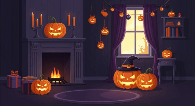 Spooky Halloween interior illustration featuring a fireplace with fire, carved jack-o'-lanterns with glowing faces, a witch hat on a pumpkin, purple curtains, and holiday decorations.