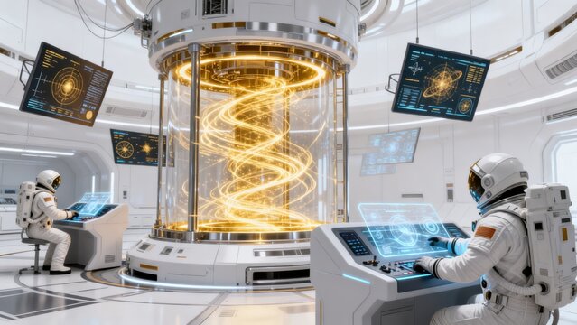 Astronauts in a futuristic control room
