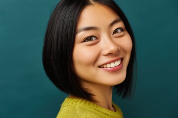 Fototapeta premium Young woman smiling and looking over shoulder in studio