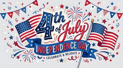 Obraz premium Festive 4th of july independence day illustration with fireworks and american flags