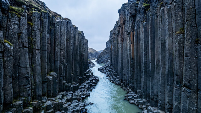 Volcanic Basalt Column Canyon in Iceland, Glacial River, Geometric Rock, Nordic Landscape, Cold River Gorge, Nature, Geology, Travel