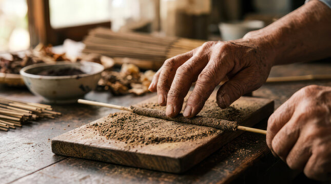 Crafting Incense Sticks Hands Rolling Fragrant Mixture on Bamboo.