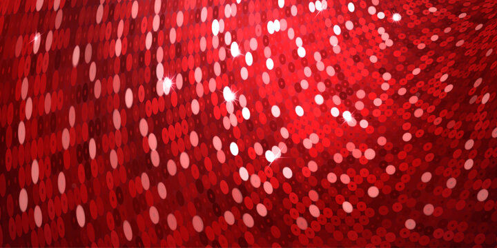 A vibrant background of red sequins in varying shades arranged in a wavy, draped pattern. Bright white star-shaped sparkles add a glittering effect.