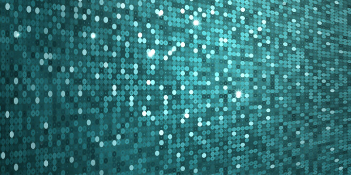 A textured background of teal and turquoise sequins in varying shades. Bright white star-shaped glints create a sparkling effect.