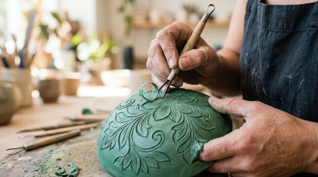 Close-up of the intricate hand-carving process on traditional Chinese celadon greenware pottery.