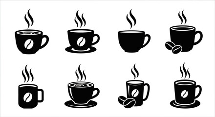 Obraz premium Set of eight isolated coffee cups with beans and steam effects rendered in simple black vector flat design.