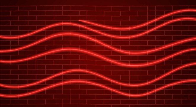 Red neon wavy light tubes glowing against a dark red brick wall background. Abstract flowing luminous lines in horizontal patterns on a textured masonry surface.