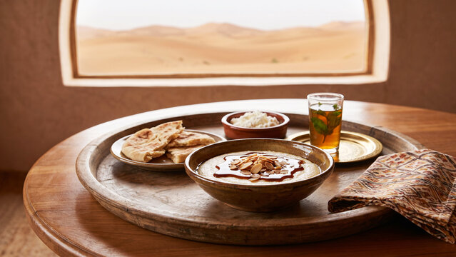 North African Semolina Porridge Bowl with Date Syrup, Almonds and Mint Tea on Desert Lodge Tray, Traditional Cuisine, North African Breakfast, Travel Food, Healthy