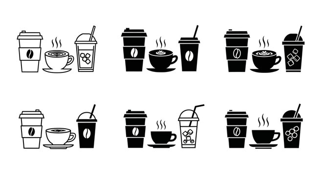 Set of coffee icons with disposable cups hot drinks and cold beverages on white background for cafe menu design.