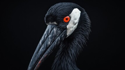 Obraz premium Close-up of black bird's head, dark background. Possible use Nature photography stock