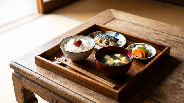Traditional Japanese Breakfast Tray with Steamed Rice, Miso Soup, Grilled Mackerel and Pickled Vegetables in Ryokan, Japanese Cuisine, Travel Food, Healthy Breakfast