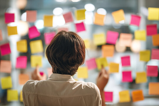 Business professional brainstorming ideas with colorful sticky notes on glass wall in modern office. Creative planning and agile workflow concept for innovative teamwork and productivity boost