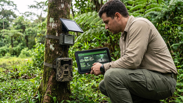 Male Wildlife Conservation Researcher with AI Camera-Trap Unit and Tablet Showing Species Classification in Tropical Forest, AI in Conservation, Wildlife Monitoring