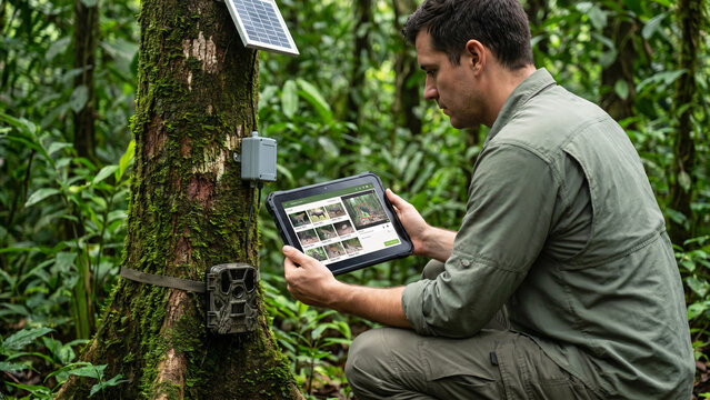 Male Wildlife Conservation Researcher with AI Camera-Trap Unit and Tablet Showing Species Classification in Tropical Forest, AI in Conservation, Wildlife Monitoring