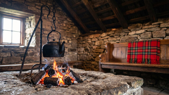Smouldering Peat Fire in Stone Hearth of Restored Scottish Blackhouse with Cast-Iron Kettle, Highland Heritage, Traditional Living, Rural Cottage, Cosy Hearth, Embers