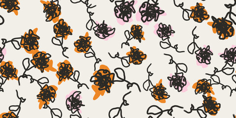A seamless vector pattern of line-drawn blooms with orange and mauve splashes on cream background © irinabogomolova