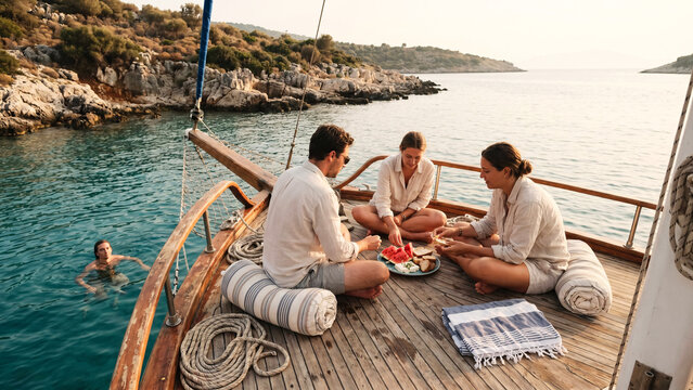 Friends Relaxing on Wooden Gulet Anchored at Rocky Cove on Turkish Aegean Coast with Swimmer in Turquoise Water, Travel, Friendship, Mediterranean Lifestyle, Sailing