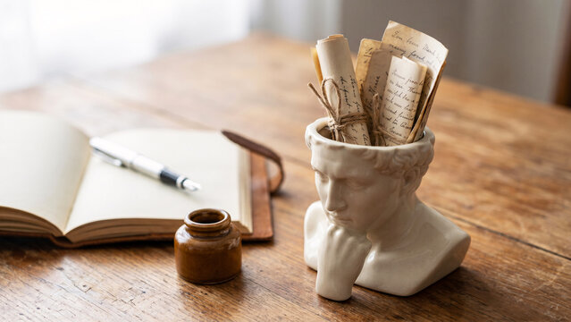 Classical Ceramic Bust Filled with Paper Scrolls and Handwritten Notes Beside Notebook and Pen, Conceptual Still Life, Journaling, Ideas, Creative Thinking, Inner Voice