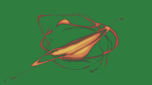 Drawing of face on cat red lines it clock an orange object some dots yellow circle dot isolated on green screen background