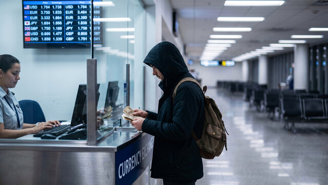 Traveller Counting Foreign Banknotes at Quiet 24-Hour Currency Exchange Counter in Empty Airport Terminal at Night, Travel Finance, Money Exchange, Personal Money