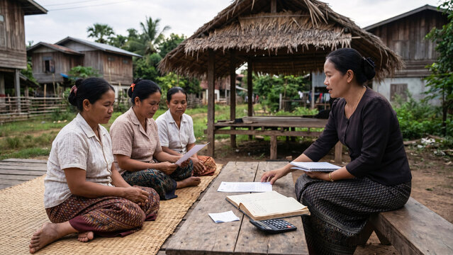 Microfinance Loan Officer Meeting with Rural Village Women at Outdoor Wooden Table, Financial Inclusion, Community Lending, Southeast Asia, Rural Economy