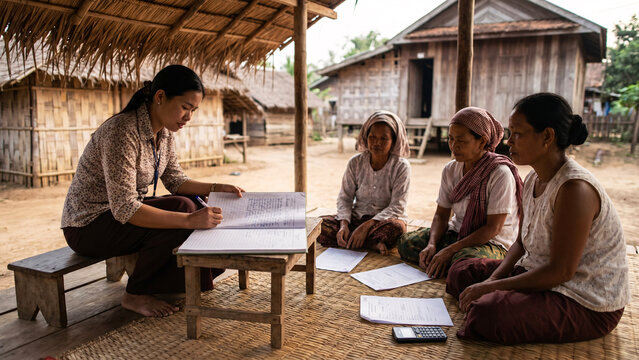 Microfinance Loan Officer Meeting with Rural Village Women at Outdoor Wooden Table, Financial Inclusion, Community Lending, Southeast Asia, Rural Economy