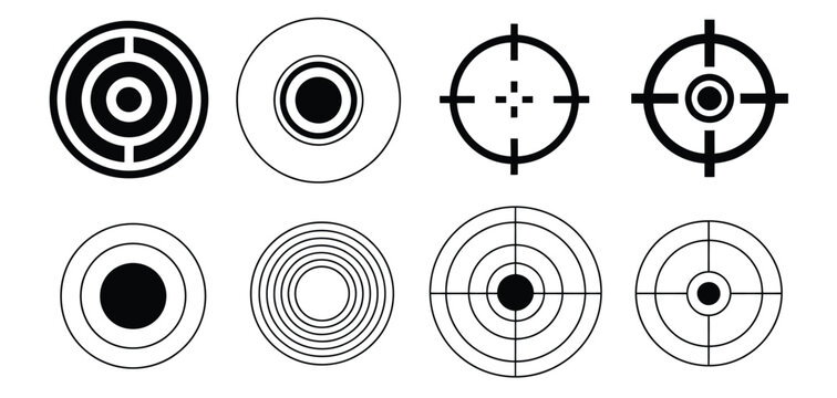 Target point icons set featuring goal markers and focus symbols for success, planning, and achievement design.
