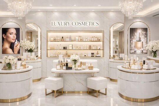 Luxury cosmetics store interior with elegant display counters, premium skincare products and beauty salon design