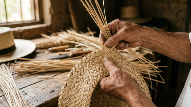 Hands Weaving a Traditional Panama Hat with Straw Fibers.