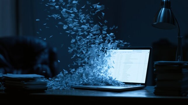 A dark room shows a laptop screen filled with unread emails. The light from the screen creates a sense of digital overload.