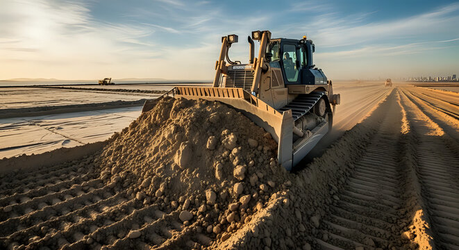 Bulldozer pushing dirt on construction site during sunset with heavy equipment, tractor loader