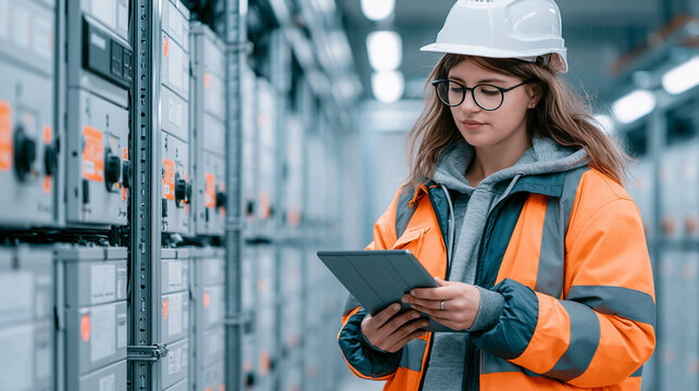 Female Engineer in Safety Gear Uses Tablet for Monitoring Electrical Systems at an Industrial Construction Site