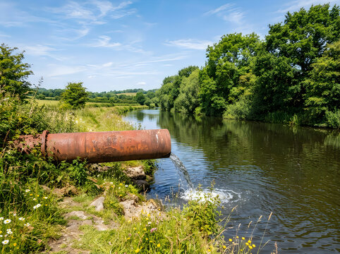 Rusty drainage pipe discharging water into a scenic river in the countryside