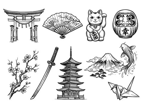 Japanese culture icon set, ink pen sketch of torii gate, pagoda, katana, fuji, koi, crane, isolated on white