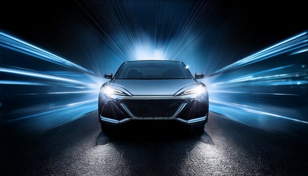 bright car headlights illuminating dark night front view of modern vehicle