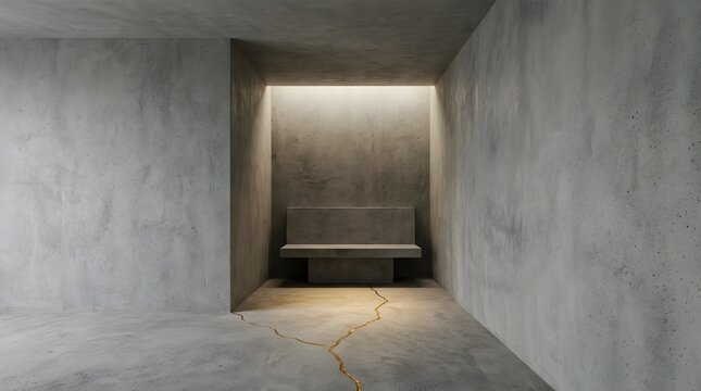 Minimalist Concrete Nook with Kintsugi Gold Repaired Floor Crack and Integrated Bench