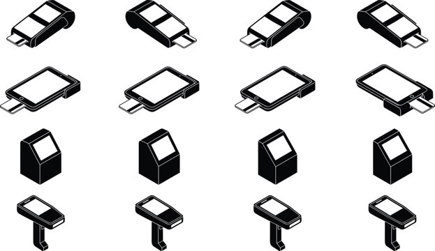 Isometric Self Checkout and Retail Payment Device Icon Set Featuring POS Terminal Kiosk and Digital Scanner Technology
