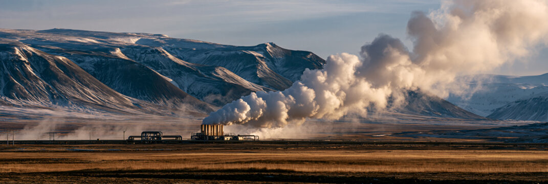 Sustainable Geothermal Energy Landscape: Volcanic Mountains and Snowy Horizon with Steam Vents in a Remote Geothermal Facility