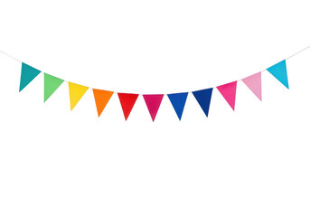Fototapeta premium Colorful triangular pennant garland hanging in festive arrangement isolated on transparent background png