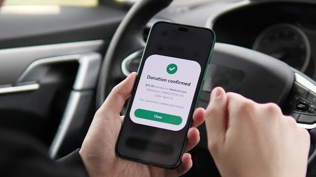 Hands holding a phone inside a car displaying a donation receipt. The message reads Your generosity creates real impact. Great for financial apps, payment confirmations, and trust-building