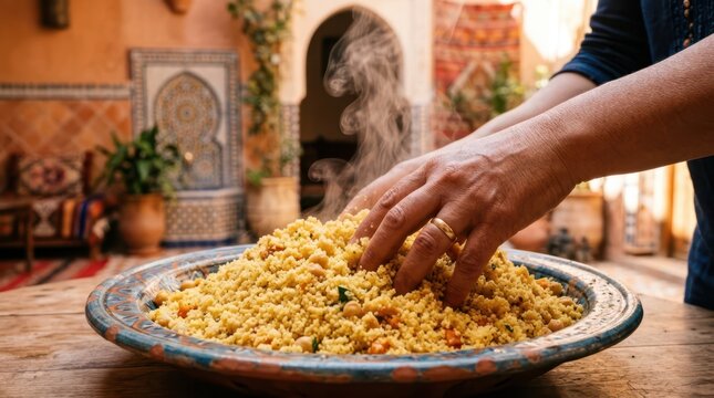 Traditional hand-fluffing of steaming golden couscous grains on a decorative Moroccan platter.