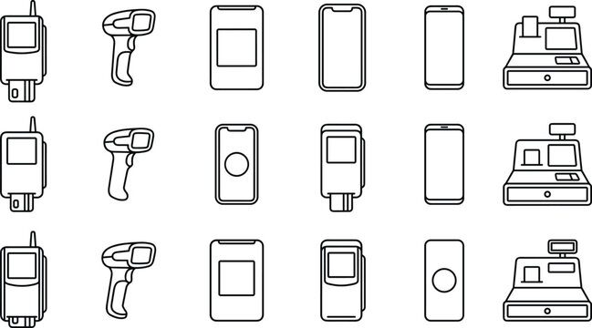 Retail Technology and Payment Device Line Icon Set Featuring POS Terminal Barcode Scanner Smartphone and Cash Register Symbols
