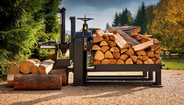 firewood logs being separated with a bench mounted log splitter