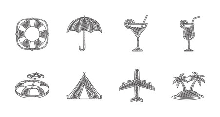 Monochrome vacation and travel set with lifebuoy umbrella cocktails tent airplane island © Mosta