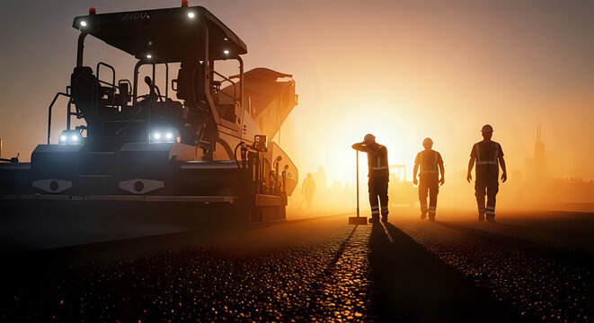 Construction workers and asphalt paving machine at sunset with dramatic lighting, road construction